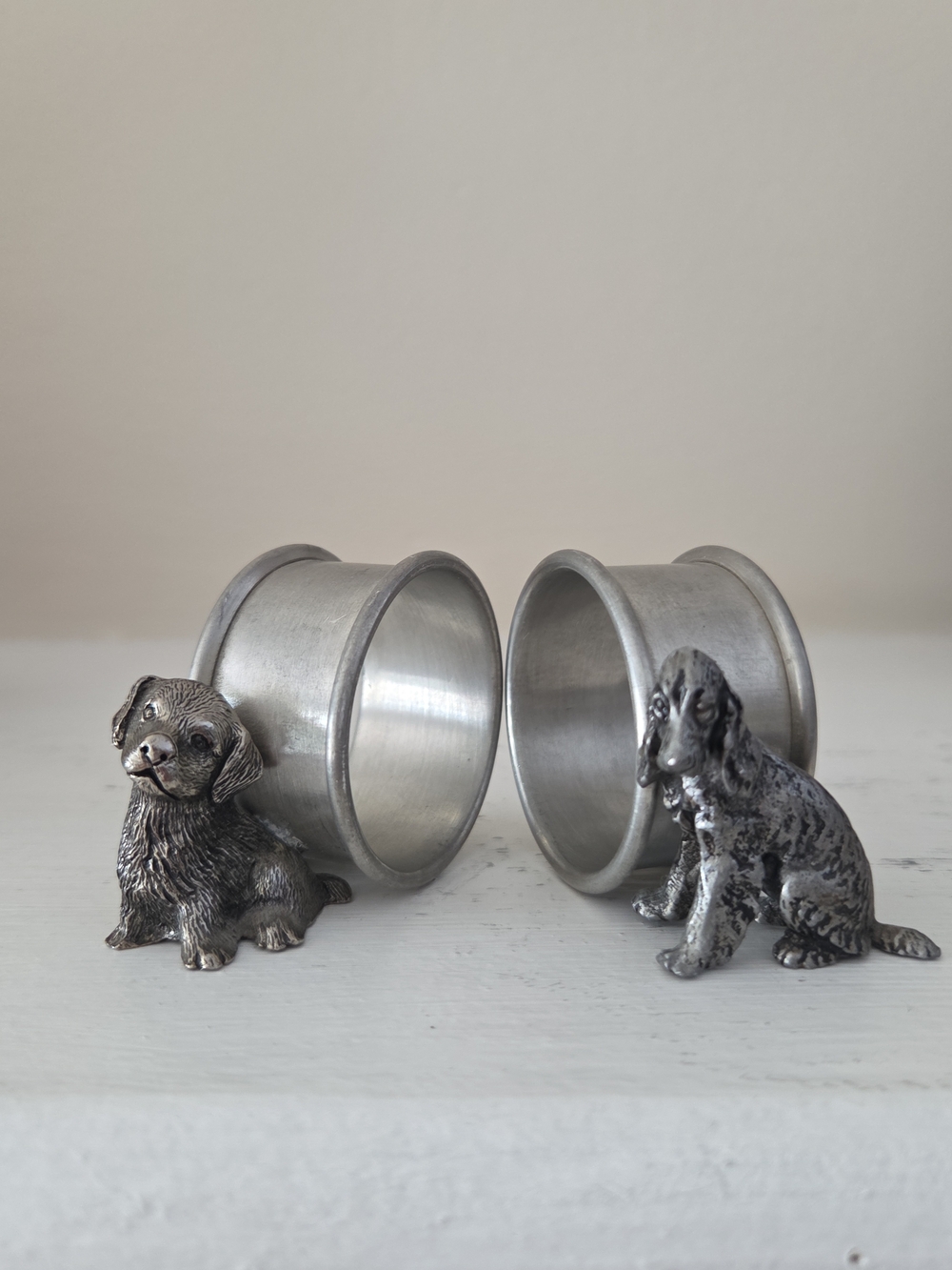 Vintage Pewter Heavy Dog Figural Napkin Rings Set of 2  Decor